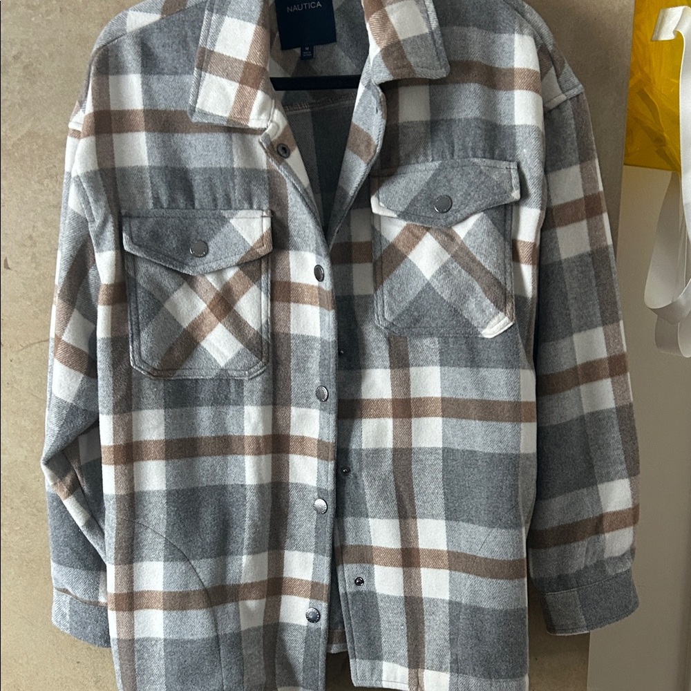 Nautica Gray and Brown Checkered Shirt Jacket
